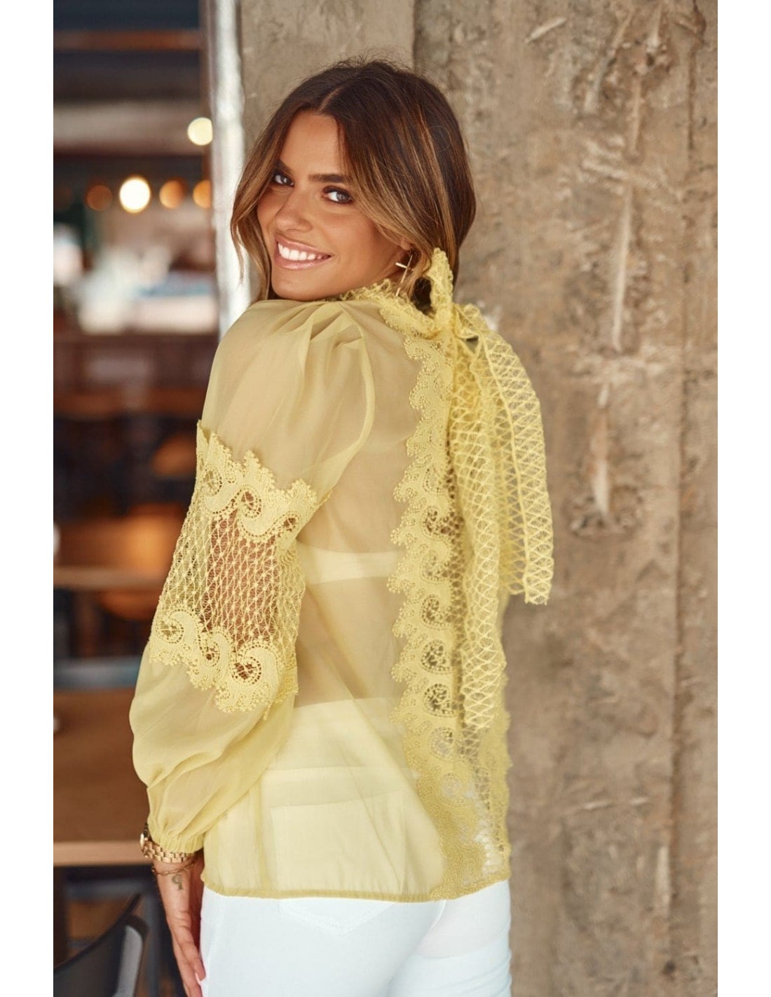 Women\'s chiffon blouse with lace, yellow 9131 - Online store - Boutique